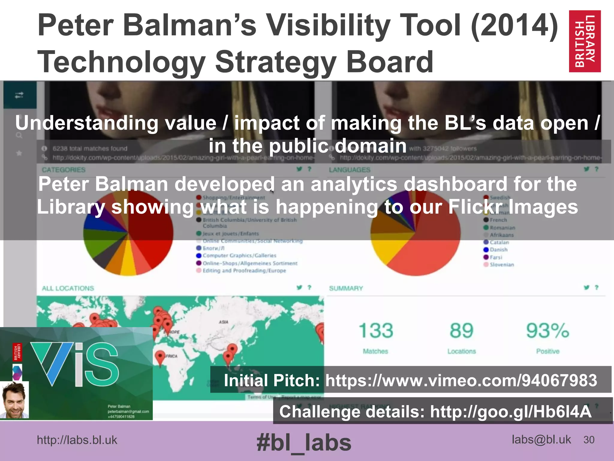 http://labs.bl.uk 30
#bl_labs labs@bl.uk
Peter Balman’s Visibility Tool (2014)
Technology Strategy Board
Understanding value / impact of making the BL’s data open /
in the public domain
Peter Balman developed an analytics dashboard for the
Library showing what is happening to our Flickr Images
Initial Pitch: https://www.vimeo.com/94067983
Challenge details: http://goo.gl/Hb6l4A
 