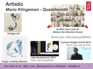 23http://labs.bl.uk @BL_Labs @kingsartshums #bldigital labs@bl.uk
Curious Images Event 2014
https://goo.gl/ubL0AO
Labs Symposium 2015
https://goo.gl/gRZ5Ia
44 Men who Look 44
(Notice the direction faces)
Tragic Looking Women
Collage Art
Artistic
Mario Klingeman - Quasimondo
Read more: http://goo.gl/dM8ieA
 