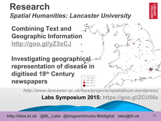25http://labs.bl.uk @BL_Labs @kingsartshums #bldigital labs@bl.uk
http://www.lancaster.ac.uk/fass/projects/spatialhum.wordpress/
Labs Symposium 2015: https://goo.gl/ZCU56a
Research
Spatial Humanities: Lancaster University
Combining Text and
Geographic Information
http://goo.gl/yZ3xCJ
Investigating geographical
representation of disease in
digitised 19th
Century
newspapers
 