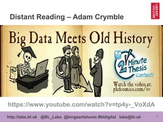 3http://labs.bl.uk @BL_Labs @kingsartshums #bldigital labs@bl.uk
Distant Reading – Adam Crymble
https://www.youtube.com/watch?v=tp4y-_VoXdA
 