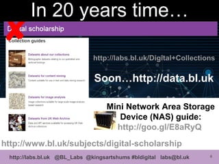 6http://labs.bl.uk @BL_Labs @kingsartshums #bldigital labs@bl.uk
http://www.bl.uk/subjects/digital-scholarship
http://labs.bl.uk/Digital+Collections
Soon…http://data.bl.uk

Mini Network Area Storage
Device (NAS) guide:
http://goo.gl/E8aRyQ
In 20 years time…
 
