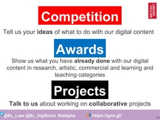 11
@BL_Labs @BL_DigiSchol #bldigital https://goo.gl/Mj9DWR
Competition
Awards
Projects
Tell us your ideas of what to do wi...