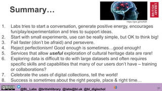 31@BL_Labs @britishlibrary @labs@bl.uk @bl_digischol
Summary…
1. Labs tries to start a conversation, generate positive ene...