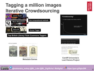 37
@mahendra_mahey @BL_Labs @BL_DigiSchol #bldigital https://goo.gl/9giuQW
Tagging a million images
Iterative Crowdsourcin...