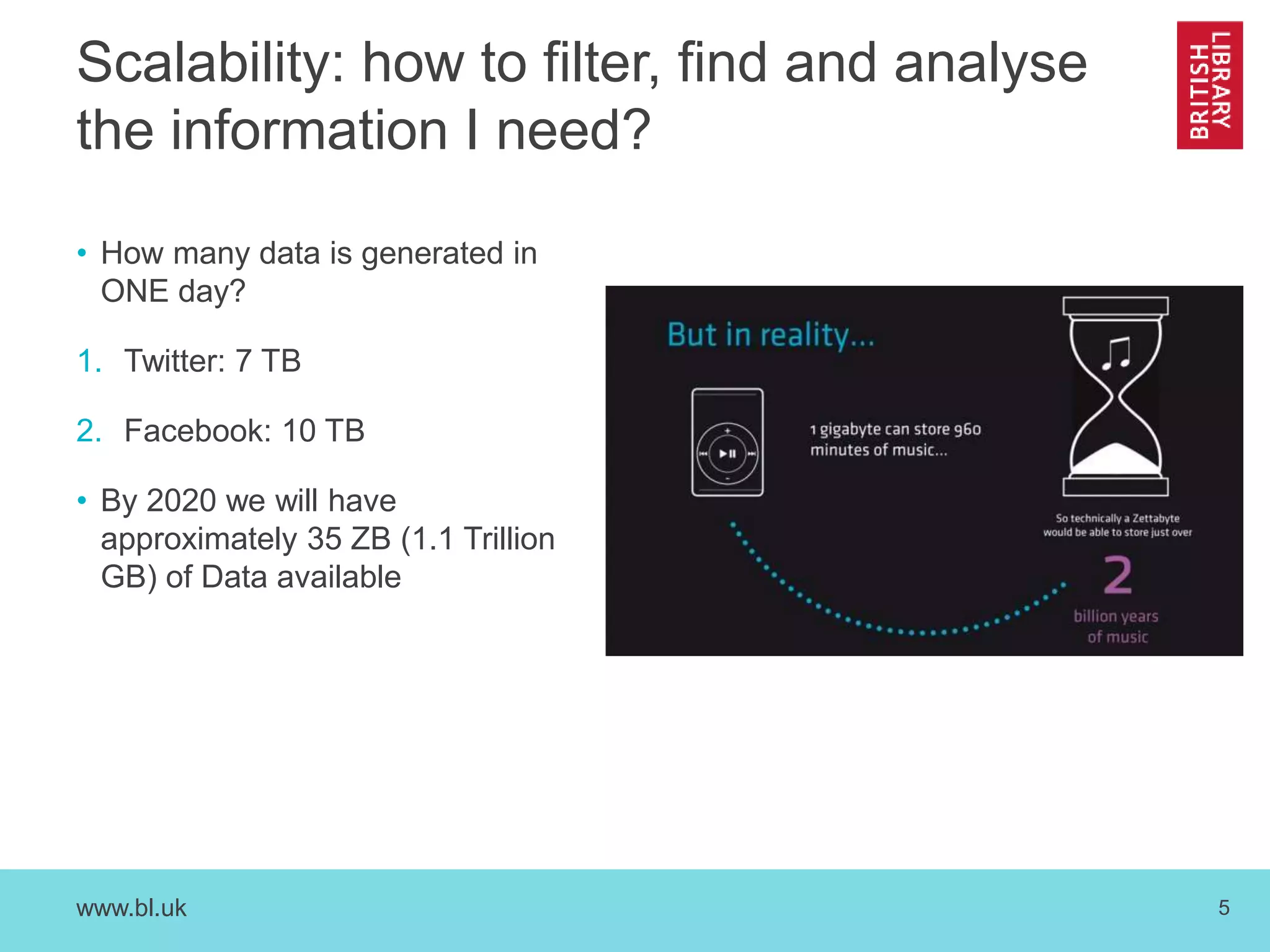 www.bl.uk 5
Scalability: how to filter, find and analyse
the information I need?
• How many data is generated in
ONE day?
1. Twitter: 7 TB
2. Facebook: 10 TB
• By 2020 we will have
approximately 35 ZB (1.1 Trillion
GB) of Data available
 