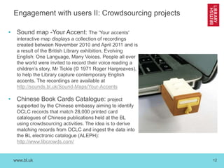 www.bl.uk 12
Engagement with users II: Crowdsourcing projects
• Sound map -Your Accent: The 'Your accents'
interactive map displays a collection of recordings
created between November 2010 and April 2011 and is
a result of the British Library exhibition, Evolving
English: One Language, Many Voices. People all over
the world were invited to record their voice reading a
children’s story, Mr Tickle (© 1971 Roger Hargreaves),
to help the Library capture contemporary English
accents. The recordings are available at
http://sounds.bl.uk/Sound-Maps/Your-Accents
• Chinese Book Cards Catalogue: project
supported by the Chinese embassy aiming to identify
OCLC records that match 28,000 printed card
catalogues of Chinese publications held at the BL
using crowdsourcing activities. The idea is to derive
matching records from OCLC and ingest the data into
the BL electronic catalogue (ALEPH):
http://www.libcrowds.com/
 