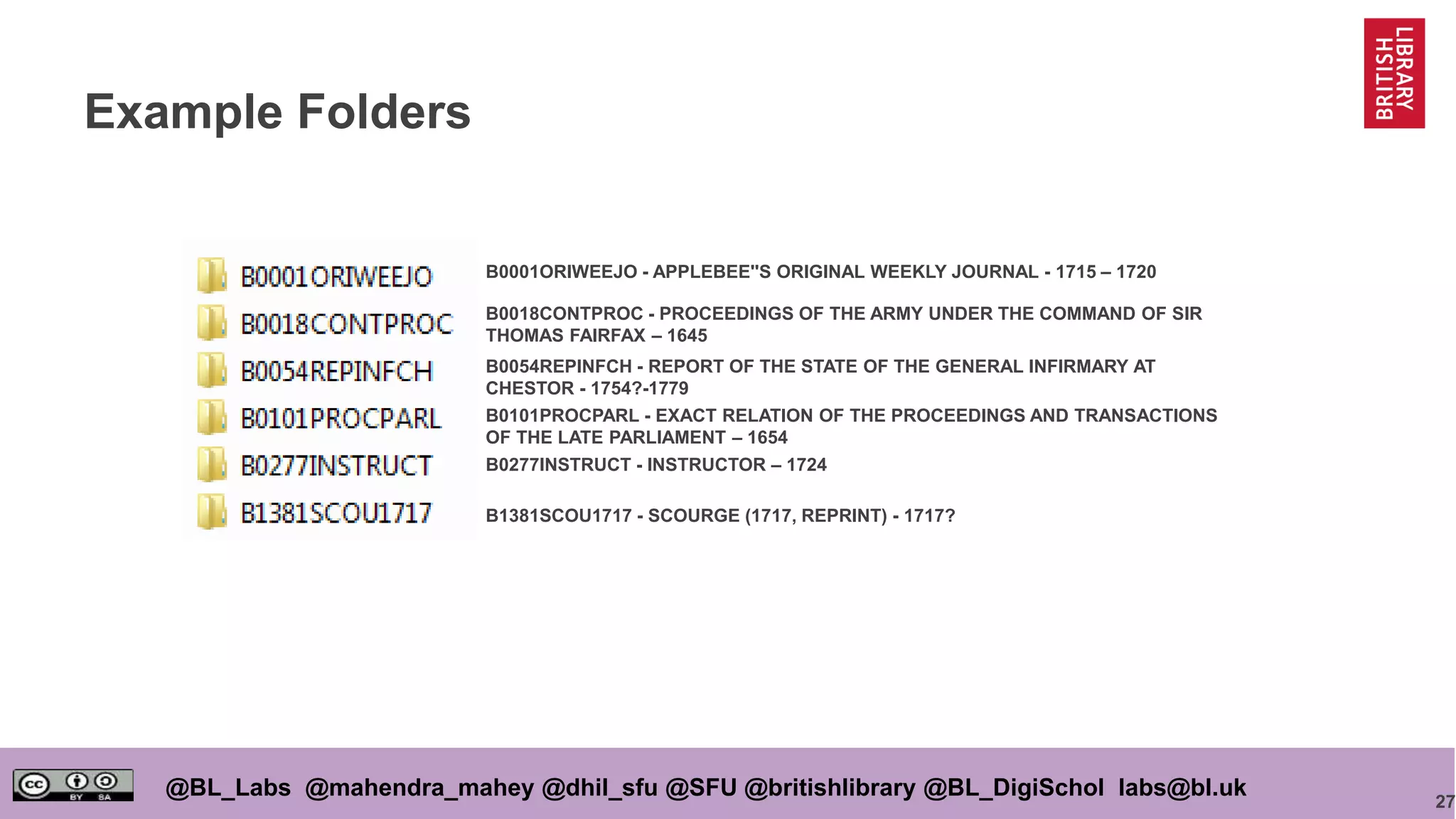 27
@BL_Labs @mahendra_mahey @dhil_sfu @SFU @britishlibrary @BL_DigiSchol labs@bl.uk
Example Folders
B0001ORIWEEJO - APPLEBEE''S ORIGINAL WEEKLY JOURNAL - 1715 – 1720
B0018CONTPROC - PROCEEDINGS OF THE ARMY UNDER THE COMMAND OF SIR
THOMAS FAIRFAX – 1645
B0054REPINFCH - REPORT OF THE STATE OF THE GENERAL INFIRMARY AT
CHESTOR - 1754?-1779
B0101PROCPARL - EXACT RELATION OF THE PROCEEDINGS AND TRANSACTIONS
OF THE LATE PARLIAMENT – 1654
B0277INSTRUCT - INSTRUCTOR – 1724
B1381SCOU1717 - SCOURGE (1717, REPRINT) - 1717?
 
