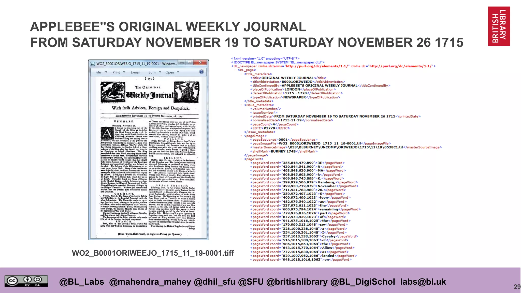 29
@BL_Labs @mahendra_mahey @dhil_sfu @SFU @britishlibrary @BL_DigiSchol labs@bl.uk
APPLEBEE''S ORIGINAL WEEKLY JOURNAL
FROM SATURDAY NOVEMBER 19 TO SATURDAY NOVEMBER 26 1715
WO2_B0001ORIWEEJO_1715_11_19-0001.tiff
 