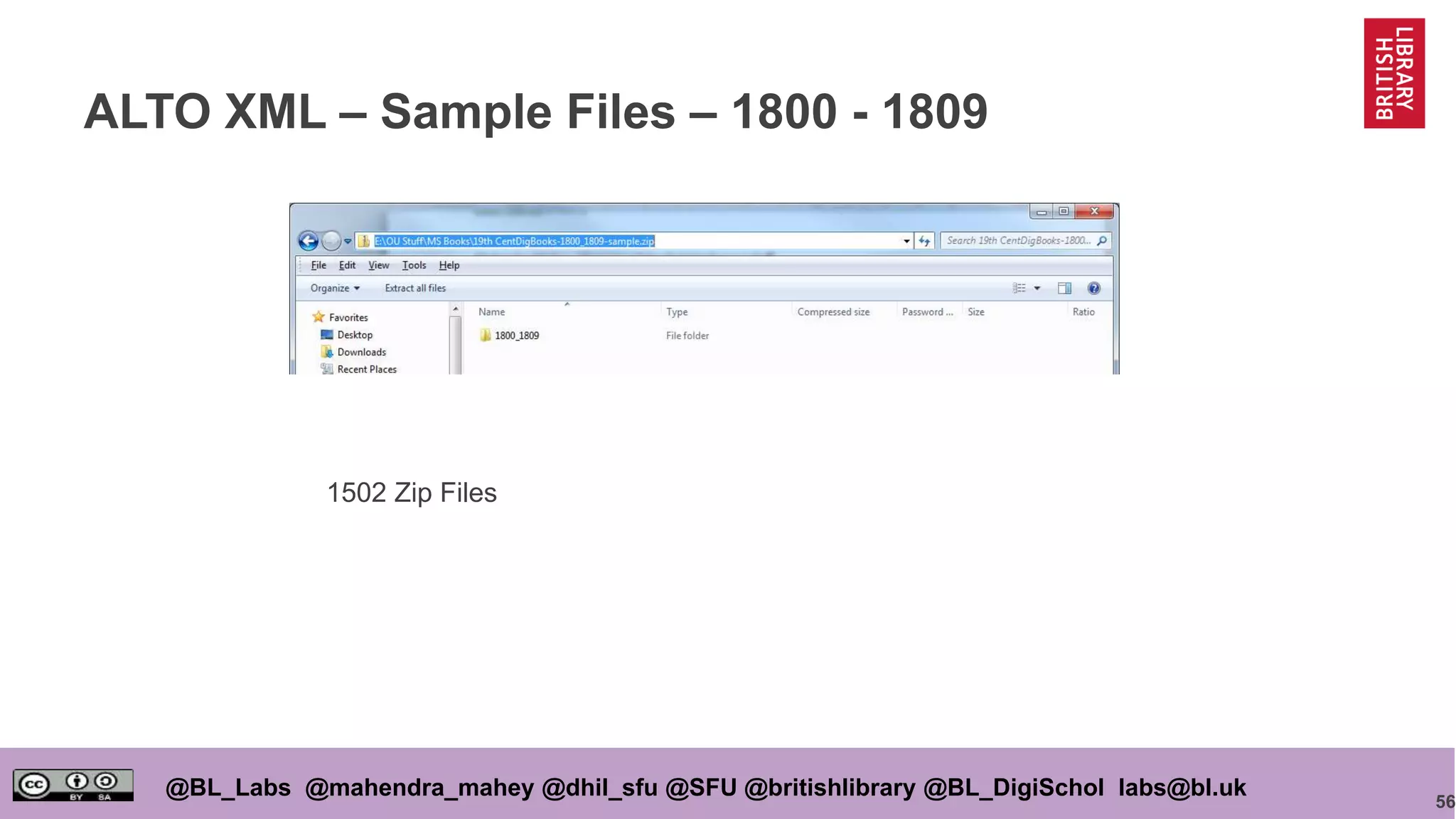 56
@BL_Labs @mahendra_mahey @dhil_sfu @SFU @britishlibrary @BL_DigiSchol labs@bl.uk
ALTO XML – Sample Files – 1800 - 1809
1502 Zip Files
 