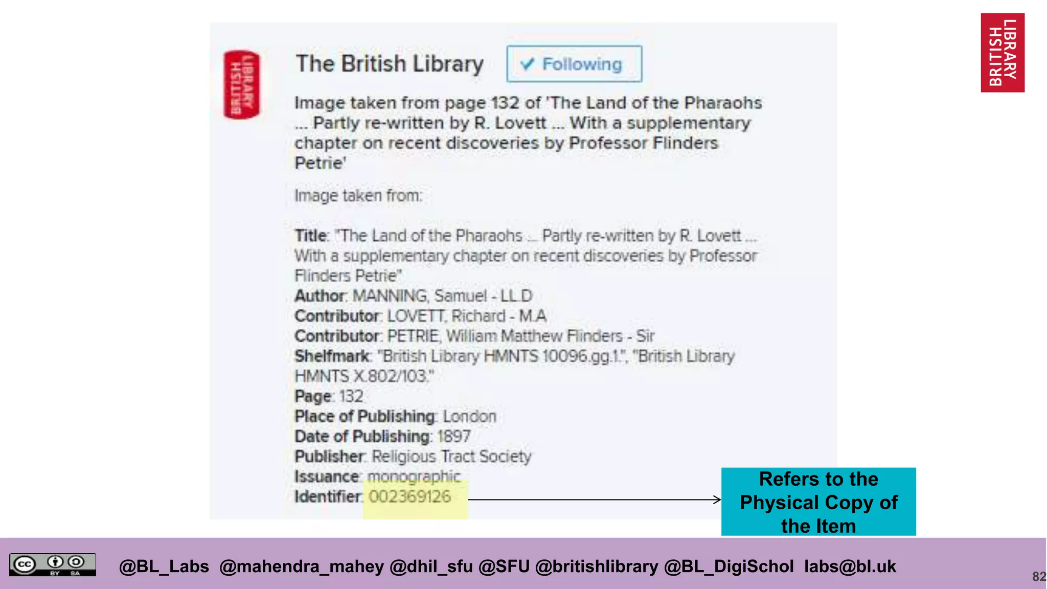 82
@BL_Labs @mahendra_mahey @dhil_sfu @SFU @britishlibrary @BL_DigiSchol labs@bl.uk
Refers to the
Physical Copy of
the Item
 