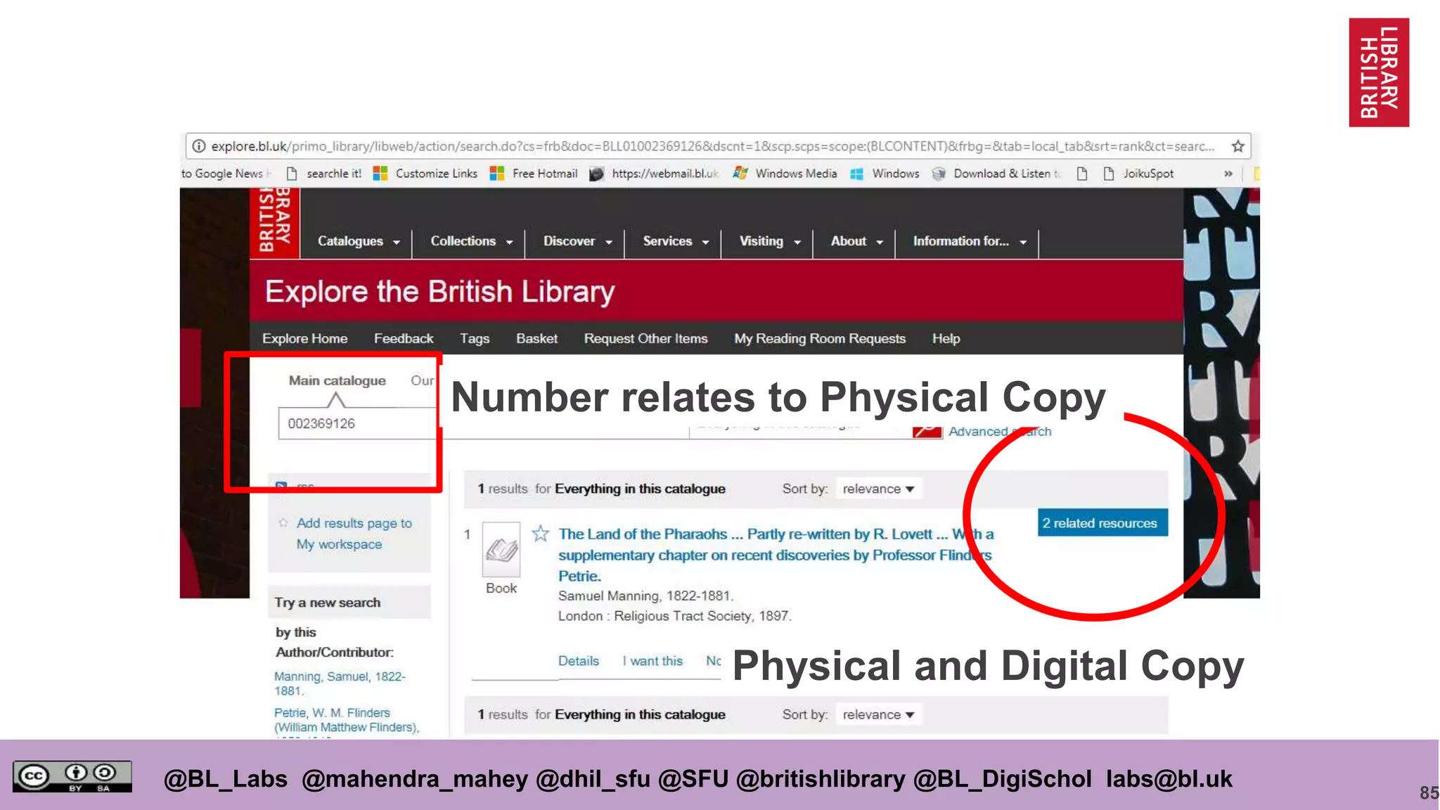 85
@BL_Labs @mahendra_mahey @dhil_sfu @SFU @britishlibrary @BL_DigiSchol labs@bl.uk
Physical and Digital Copy
Number relates to Physical Copy
 