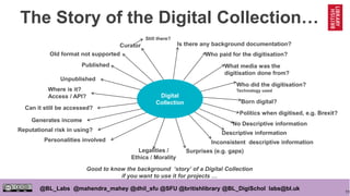 11
@BL_Labs @mahendra_mahey @dhil_sfu @SFU @britishlibrary @BL_DigiSchol labs@bl.uk
The Story of the Digital Collection…
Digital
Collection
Curator
Who paid for the digitisation?
Who did the digitisation?
Technology used
Born digital?
Published
Unpublished
Where is it?
Access / API?
Can it still be accessed?
Generates income
Reputational risk in using?
Legalities /
Ethics / Morality
Politics when digitised, e.g. Brexit?
Personalities involved
Surprises (e.g. gaps)
Descriptive information
Old format not supported
What media was the
digitisation done from?
Is there any background documentation?
No Descriptive information
Inconsistent descriptive information
Still there?
Good to know the background ‘story’ of a Digital Collection
if you want to use it for projects …
 