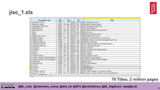 36
@BL_Labs @mahendra_mahey @dhil_sfu @SFU @britishlibrary @BL_DigiSchol labs@bl.uk
jisc_1.xls
79 Titles, 2 million pages
 