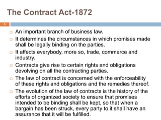 The Contract Act-1872
3
 An important branch of business law.
 It determines the circumstances in which promises made
shall be legally binding on the parties.
 It affects everybody, more so, trade, commerce and
industry.
 Contracts give rise to certain rights and obligations
devolving on all the contracting parties.
 The law of contract is concerned with the enforceability
of these rights and obligations and the remedies thereof.
 The evolution of the law of contracts is the history of the
efforts of organized society to ensure that promises
intended to be binding shall be kept, so that when a
bargain has been struck, every party to it shall have an
assurance that it will be fulfilled.
 