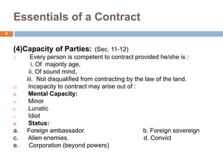 Essentials of a Contract
9
(4)Capacity of Parties: (Sec. 11-12)
 Every person is competent to contract provided he/she is :
i. Of majority age,
ii. Of sound mind,
iii. Not disqualified from contracting by the law of the land.
 Incapacity to contract may arise out of :
A. Mental Capacity:
a. Minor
b. Lunatic
c. Idiot
B. Status:
a. Foreign ambassador. b. Foreign sovereign
c. Alien enemies. d. Convict
e. Corporation (beyond powers)
 