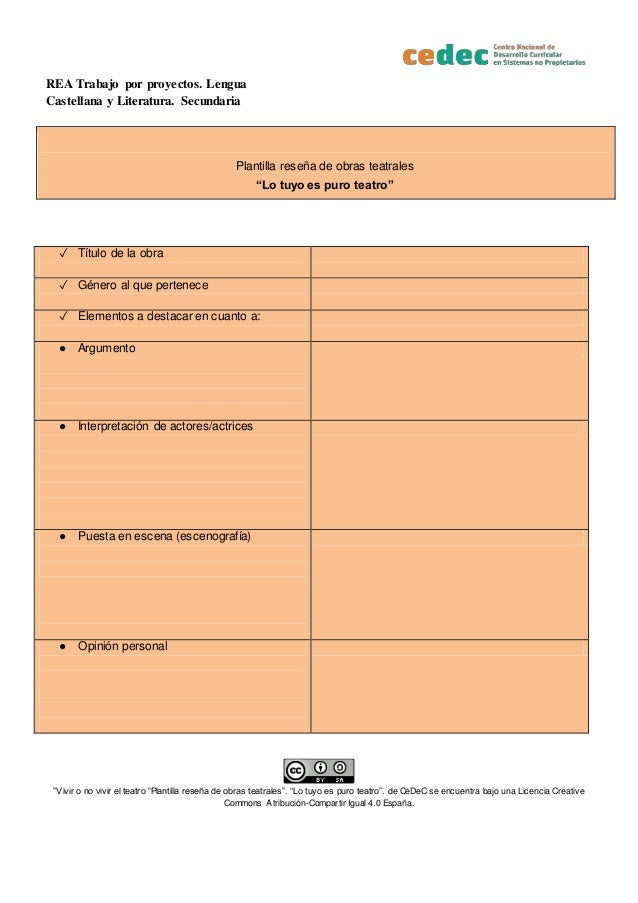 REA Trabajo por proyectos. Lengua
Castellana y Literatura. Secundaria
”Vivir o no vivir el teatro “Plantilla reseña de obr...