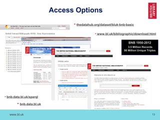 www.bl.uk 13
Access Options
.
BNB 1950-2012
3.5 Million Records
98 Million Unique Triples
• bnb.data.bl.uk/sparql
• thedatahub.org/dataset/bluk-bnb-basic
• www.bl.uk/bibliographic/download.html
• bnb.data.bl.uk
 