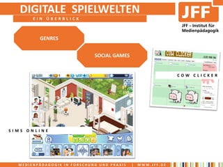 DIGITALE SPIELWELTEN
       EIN ÜBERBLICK



         GENRES


                             SOCIAL GAMES


                                                             COW CLICKER




SIMS ONLINE




  MEDIENPÄDAGOGIK IN FORSCHUNG UND PRAXIS   |   WWW.JFF.DE
 