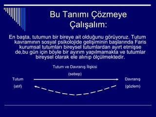 Bu Tanımı Çözmeye
                     Çalışalım:
En başta, tutumun bir bireye ait olduğunu görüyoruz. Tutum
  kavramının sosyal psikolojide gelişiminin başlarında Faris
    kurumsal tutumları bireysel tutumlardan ayırt etmişse
  de,bu gün için böyle bir ayırım yapılmamakta ve tutumlar
            bireysel olarak ele alınıp ölçülmektedir.
                   Tutum ve Davranış İlişkisi
                            (sebep)
 Tutum                                            Davranış
  (atıf)                                          (gözlem)
 