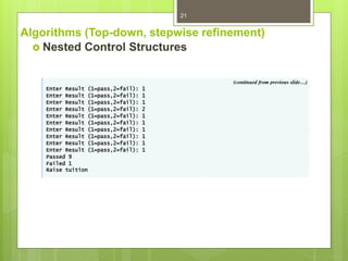 Algorithms (Top-down, stepwise refinement)
 Nested Control Structures
21
(continued from previous slide…)
Enter Result (1=pass,2=fail): 1
Enter Result (1=pass,2=fail): 1
Enter Result (1=pass,2=fail): 1
Enter Result (1=pass,2=fail): 2
Enter Result (1=pass,2=fail): 1
Enter Result (1=pass,2=fail): 1
Enter Result (1=pass,2=fail): 1
Enter Result (1=pass,2=fail): 1
Enter Result (1=pass,2=fail): 1
Enter Result (1=pass,2=fail): 1
Passed 9
Failed 1
Raise tuition
 