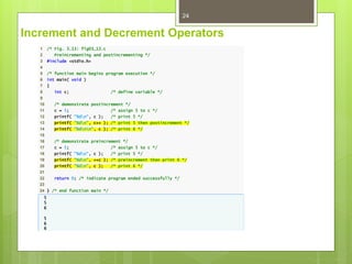 Increment and Decrement Operators
24
1 /* Fig. 3.13: fig03_13.c
2 Preincrementing and postincrementing */
3 #include <stdio.h>
4
5 /* function main begins program execution */
6 int main( void )
7 {
8 int c; /* define variable */
9
10 /* demonstrate postincrement */
11 c = 5; /* assign 5 to c */
12 printf( "%dn", c ); /* print 5 */
13 printf( "%dn", c++ ); /* print 5 then postincrement */
14 printf( "%dnn", c ); /* print 6 */
15
16 /* demonstrate preincrement */
17 c = 5; /* assign 5 to c */
18 printf( "%dn", c ); /* print 5 */
19 printf( "%dn", ++c ); /* preincrement then print 6 */
20 printf( "%dn", c ); /* print 6 */
21
22 return 0; /* indicate program ended successfully */
23
24 } /* end function main */
5
5
6
5
6
6
 