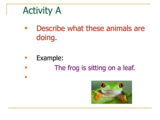 Activity A Describe what these animals are doing. Example:   The frog is sitting on a leaf. 