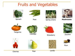 Fruits and Vegetables Strawberry Pear Plum Mushrooms Spring onions Spinach Tangerine Cabbage Cherries Zucchini Lentils Peas 