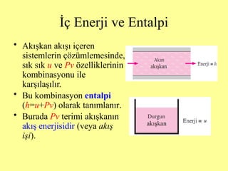 İç Enerji ve Entalpi
• Akışkan akışı içeren
sistemlerin çözümlemesinde,
sık sık u ve Pv özelliklerinin
kombinasyonu ile
karşılaşılır.
• Bu kombinasyon entalpi
(h=u+Pv) olarak tanımlanır.
• Burada Pv terimi akışkanın
akış enerjisidir (veya akış
işi).
 