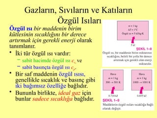 Gazların, Sıvıların ve Katıların
Özgül Isıları
• İki tür özgül ısı vardır:
– sabit hacimde özgül ısı cv, ve
– sabit basınçta özgül ısı cp.
• Bir saf maddenin özgül ısısı,
genellikle sıcaklık ve basınç gibi
iki bağımsız özelliğe bağlıdır.
• Bununla birlikte, ideal gaz için
bunlar sadece sıcaklığa bağlıdır.
Özgül ısı bir maddenin birim
kütlesinin sıcaklığını bir derece
artırmak için gerekli enerji olarak
tanımlanır.
 