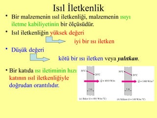 Isıl İletkenlik
• Bir malzemenin ısıl iletkenliği, malzemenin ısıyı
iletme kabiliyetinin bir ölçüsüdür.
• Isıl iletkenliğin yüksek değeri
iyi bir ısı iletken
• Düşük değeri
kötü bir ısı iletken veya yalıtkan.
• Bir katıda ısı iletiminin hızı
katının ısıl iletkenliğiyle
doğrudan orantılıdır.
 