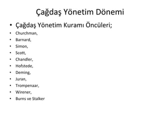 Çağdaş Yönetim Dönemi Çağdaş Yönetim Kuramı Öncüleri; Churchman, Barnard, Simon, Scott, Chandler, Hofstede, Deming, Juran, Trompenaar, Wirener, Burns ve Stalker 