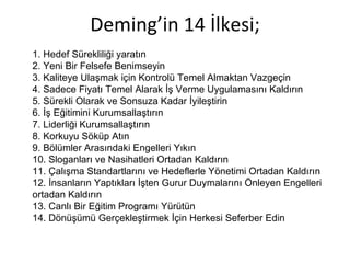 Deming’in 14 İlkesi; 1. Hedef Sürekliliği yaratın 2. Yeni Bir Felsefe Benimseyin 3. Kaliteye Ulaşmak için Kontrolü Temel Almaktan Vazgeçin 4. Sadece Fiyatı Temel Alarak İş Verme Uygulamasını Kaldırın 5. Sürekli Olarak ve Sonsuza Kadar İyileştirin 6. İş Eğitimini Kurumsallaştırın 7. Liderliği Kurumsallaştırın 8. Korkuyu Söküp Atın 9. Bölümler Arasındaki Engelleri Yıkın 10. Sloganları ve Nasihatleri Ortadan Kaldırın 11. Çalışma Standartlarını ve Hedeflerle Yönetimi Ortadan Kaldırın 12. İnsanların Yaptıkları İşten Gurur Duymalarını Önleyen Engelleri ortadan Kaldırın 13. Canlı Bir Eğitim Programı Yürütün 14. Dönüşümü Gerçekleştirmek İçin Herkesi Seferber Edin 