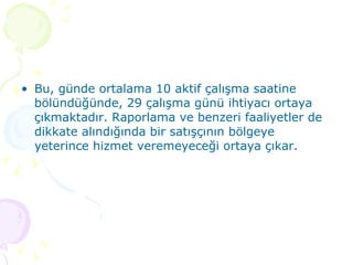 Bu, günde ortalama 10 aktif çalışma saatine bölündüğünde, 29 çalışma günü ihtiyacı ortaya çıkmaktadır. Raporlama ve benzeri faaliyetler de dikkate alındığında bir satışçının bölgeye yeterince hizmet veremeyeceği ortaya çıkar.  