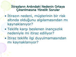 İtirazların Ardındaki Nedenin Ortaya Çıkarılmasına Yönelik Sorular İtirazın nedeni, müşterinin bir risk altında olduğunu algılamasından mı kaynaklanıyor? Teklife karşı beslenen inançsızlık nedeniyle mi itiraz ediliyor? İtiraz teklife ilgi duyulmamasından mı kaynaklanıyor? 