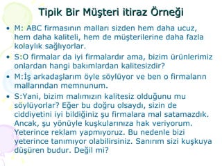 Tipik Bir Müşteri itiraz Örneği M: ABC firmasının malları sizden hem daha ucuz, hem daha kaliteli, hem de müşterilerine daha fazla kolaylık sağlıyorlar. S:O firmalar da iyi firmalardır ama, bizim ürünlerimiz onlardan hangi bakımlardan kalitesizdir? M:İş arkadaşlarım öyle söylüyor ve ben o firmaların mallarından memnunum. S:Yani, bizim malımızın kalitesiz olduğunu mu söylüyorlar? Eğer bu doğru olsaydı, sizin de ciddiyetini iyi bildiğiniz şu firmalara mal satamazdık. Ancak, şu yönüyle kuşkularınıza hak veriyorum. Yeterince reklam yapmıyoruz. Bu nedenle bizi yeterince tanımıyor olabilirsiniz. Sanırım sizi kuşkuya düşüren budur. Değil mi? 