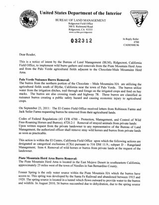 BLM LETTER RE REMOVAL OF WILD BURROS IN CA