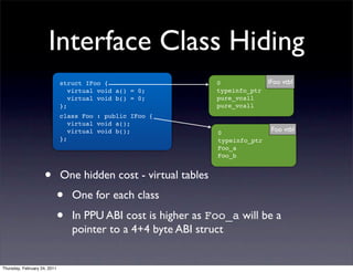 Interface Class Hiding
                              struct IFoo {                      0              IFoo vtbl
                                 virtual void a() = 0;           typeinfo_ptr
                                 virtual void b() = 0;           pure_vcall
                              };                                 pure_vcall
                              class Foo : public IFoo {
                                 virtual void a();
                                 virtual void b();               0
                                                                                 Foo vtbl
                              };                                 typeinfo_ptr
                                                                 Foo_a
                                                                 Foo_b


                    •         One hidden cost - virtual tables
                              •   One for each class
                              •   In PPU ABI cost is higher as Foo_a will be a
                                  pointer to a 4+4 byte ABI struct


Thursday, February 24, 2011
 
