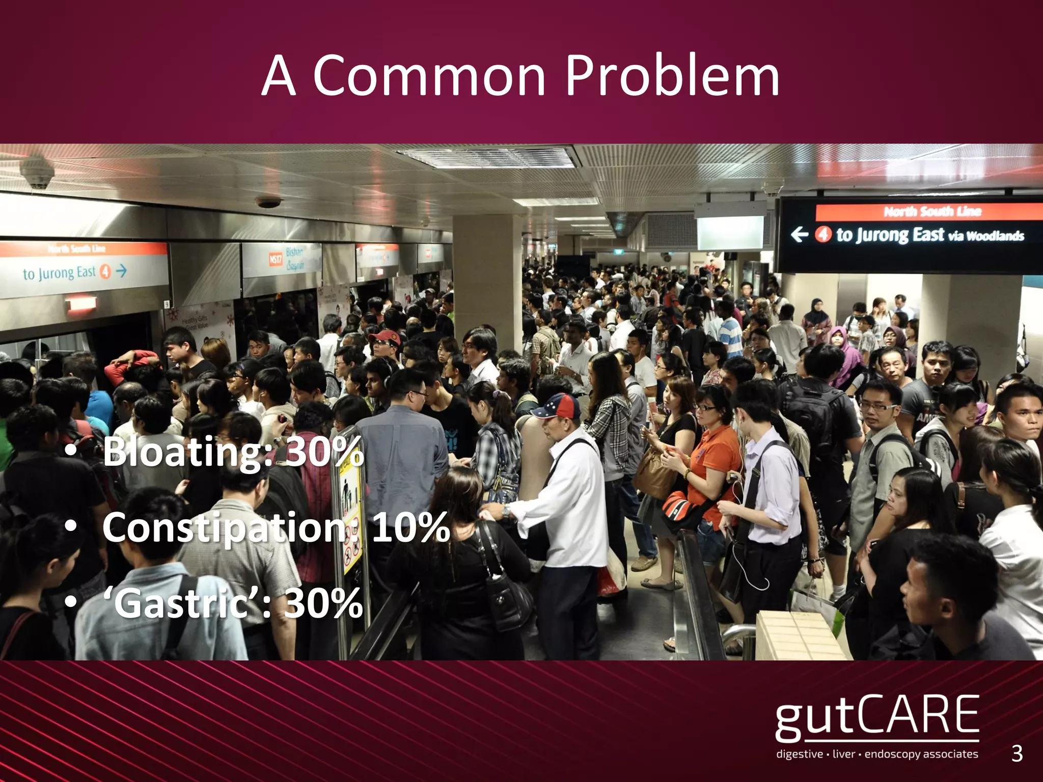 A Common Problem
• Bloating: 30%
• Constipation: 10%
• ‘Gastric’: 30%
3
 