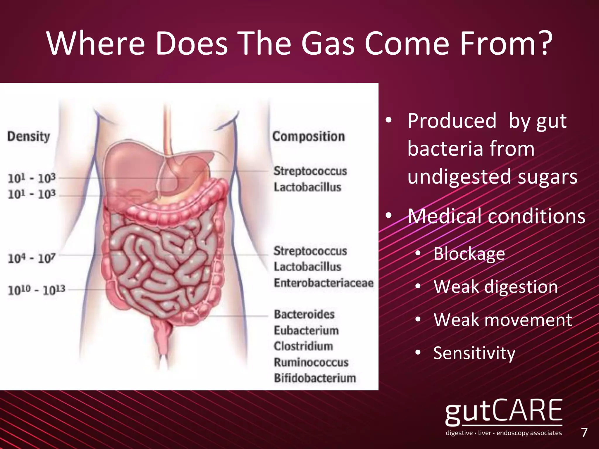 7
Where Does The Gas Come From?
• Produced by gut
bacteria from
undigested sugars
• Medical conditions
• Blockage
• Weak digestion
• Weak movement
• Sensitivity
 