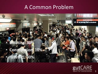 A Common Problem
• Bloating: 30%
• Constipation: 10%
• ‘Gastric’: 30%
3
 
