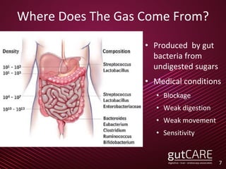 7
Where Does The Gas Come From?
• Produced by gut
bacteria from
undigested sugars
• Medical conditions
• Blockage
• Weak digestion
• Weak movement
• Sensitivity
 