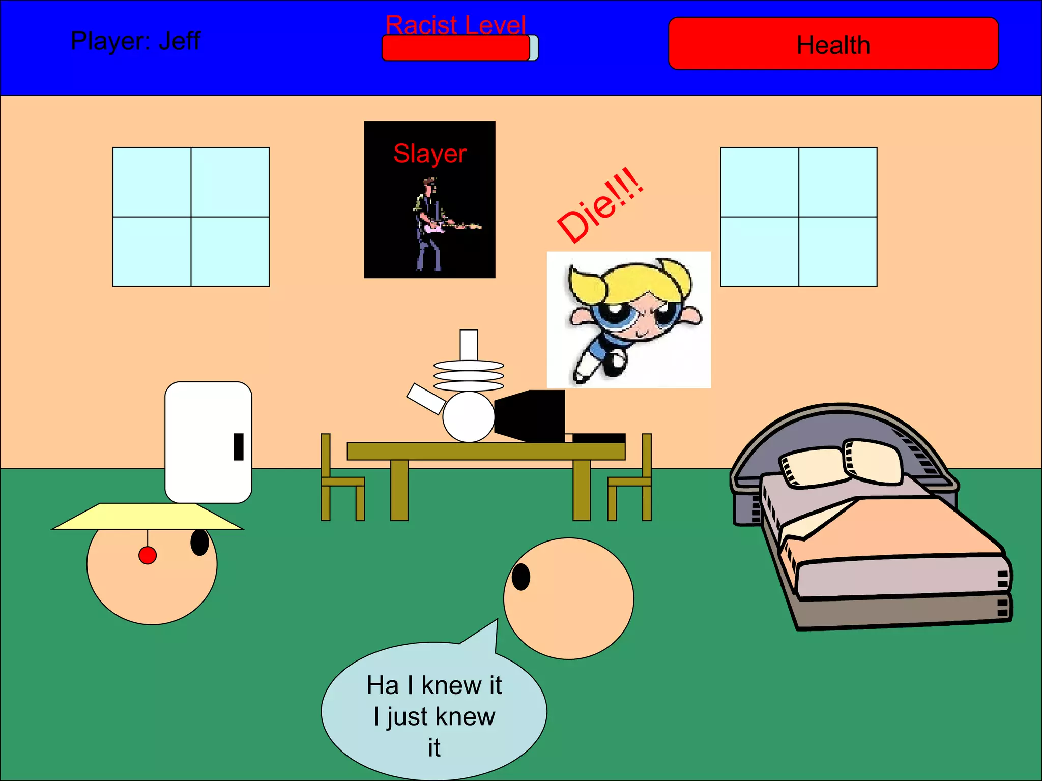 Health Player: Jeff  Racist Level Ha I knew it I just knew it Slayer Die!!! 