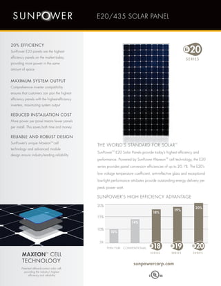 E20/435 SOLAR PANEL



20% EFFICIENCY
SunPower E20 panels are the highest-
efficiency panels on the market today,
providing more power in the same
amount of space


MAXIMUM SYSTEM OUTPUT
Comprehensive inverter compatibility
ensures that customers can pair the highest-
efficiency panels with the highest-efficiency
inverters, maximizing system output

REDUCED INSTALLATION COST
More power per panel means fewer panels
per install. This saves both time and money.

RELIABLE AND ROBUST DESIGN
SunPower’s unique MaxeonTM cell
                                                THE WORLD’S STANDARD FOR SOLAR
                                                                                                     TM


technology and advanced module
                                                SunPowerTM E20 Solar Panels provide today’s highest efficiency and
design ensure industry-leading reliability
                                                performance. Powered by SunPower MaxeonTM cell technology, the E20
                                                series provides panel conversion efficiencies of up to 20.1%. The E20’s
                                                low voltage temperature coefficient, anti-reflective glass and exceptional
                                                low-light performance attributes provide outstanding energy delivery per
                                                peak power watt.

                                                SUNPOWER’S HIGH EFFICIENCY ADVANTAGE
                                                20%
                                                                                                                   20%
                                                                                                    19%
                                                                                      18%
                                                15%
                                                                       14%

                                                10%
                                                         10%


                                                 5%
                                                      THIN FILM   CONVENTIONAL




                                                                        sunpowercorp.com
        Patented all-back-contact solar cell,
          providing the industry’s highest
             efficiency and reliability
 