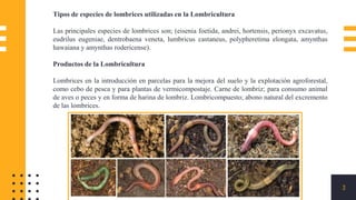 3
Tipos de especies de lombrices utilizadas en la Lombricultura
Las principales especies de lombrices son; (eisenia foetida, andrei, hortensis, perionyx excavatus,
eudrilus eugeniae, dentrobaena veneta, lumbricus castaneus, polypheretima elongata, amynthas
hawaiana y amynthas rodericense).
Productos de la Lombricultura
Lombrices en la introducción en parcelas para la mejora del suelo y la explotación agroforestal,
como cebo de pesca y para plantas de vermicompostaje. Carne de lombriz; para consumo animal
de aves o peces y en forma de harina de lombriz. Lombricompuesto; abono natural del excremento
de las lombrices.
 