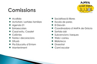 Acollida Activitats i sortides familiars Agenda 21 Extraescolars Casal estiu, Casalet Colònies Festes i decoracions Difusió Pla Educatiu d’Entorn Manteniment Socialització llibres Escola de pares El Desván Coordinadora d’AMPA de Gràcia Sortida sisè Subvencions i beques Web i correu Biblioteca Diversitat Camí escolar 