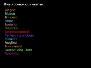 Ens adonem que sentim.. Alegria Tristesa Timidesa Amor Tonteria Dispersió Despreocupació Petitesa i grandassa  Intimitat Fragilitat Tancament Dualitat dins – fora Relativitat  
