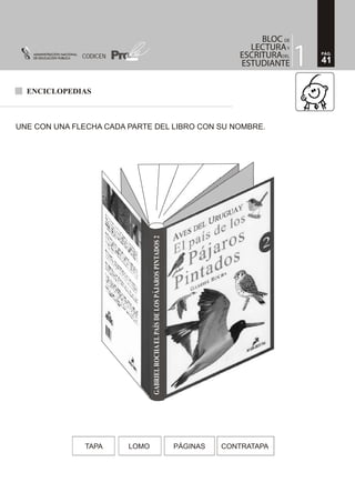ENCICLOPEDIAS
UNE CON UNA FLECHA CADA PARTE DEL LIBRO CON SU NOMBRE.
TAPA LOMO PÁGINAS CONTRATAPA
41
PÁG.
CODICEN
 