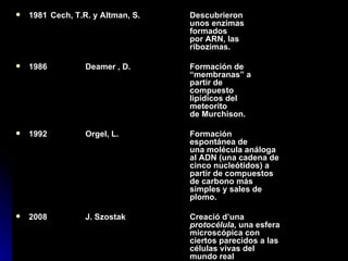 1981 Cech, T.R. y Altman, S.  Descubrieron  unos enzimas  formados  por ARN, las  ribozimas.  1986 Deamer , D. Formación de  “membranas” a  partir de  compuesto  lipídicos del  meteorito  de Murchison. 1992 Orgel, L. Formación  espontánea de  una molécula análoga  al ADN (una cadena de  cinco nucleótidos) a  partir de compuestos  de carbono más  simples y sales de  plomo. 2008   J. Szostak Creació d’una  protocélula,  una esfera  microscópica con  ciertos parecidos a las  células vivas del  mundo real 