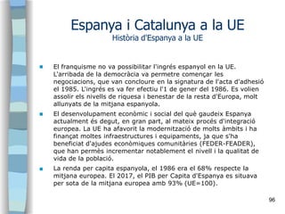 94
Espanya i Catalunya a la UE
PIB per Capita per CCAA
Font INE. PIB per capita en euros. Any 2018
Fons de compensació és ...