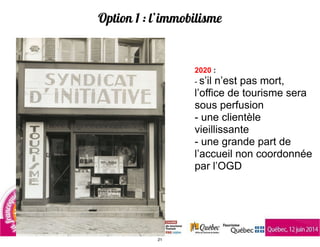 Option 1 : l’immobilisme
2020 :
- s’il n’est pas mort,
l’office de tourisme sera
sous perfusion
- une clientèle
vieillissante
- une grande part de
l’accueil non coordonnée
par l’OGD
21
 